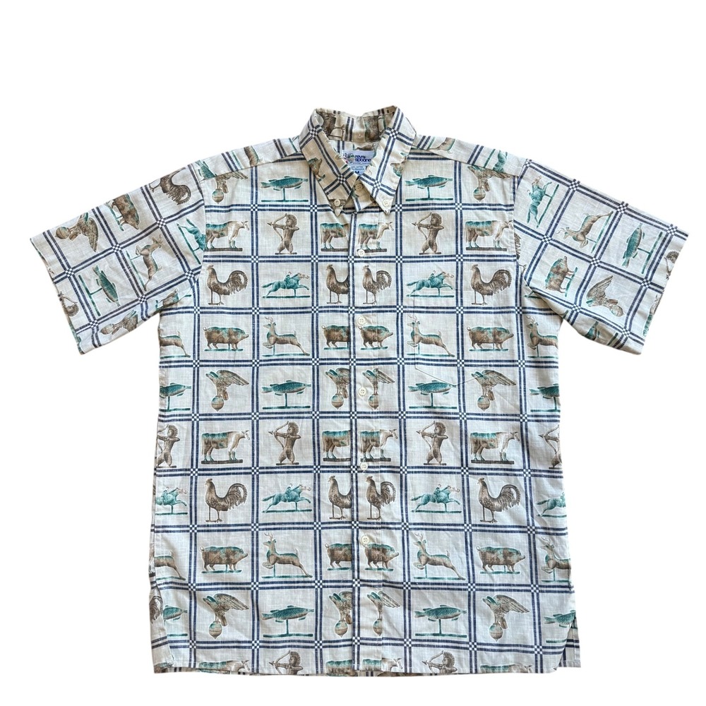 Reyn‎ Spooner Mens Weather Vane Animal Print Hawaiian Shirt Beige Blue Medium